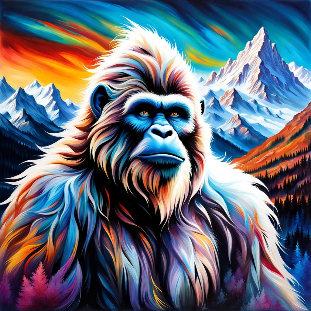 Yeti Portrait with Snowy Mountains in Oil Painting Style