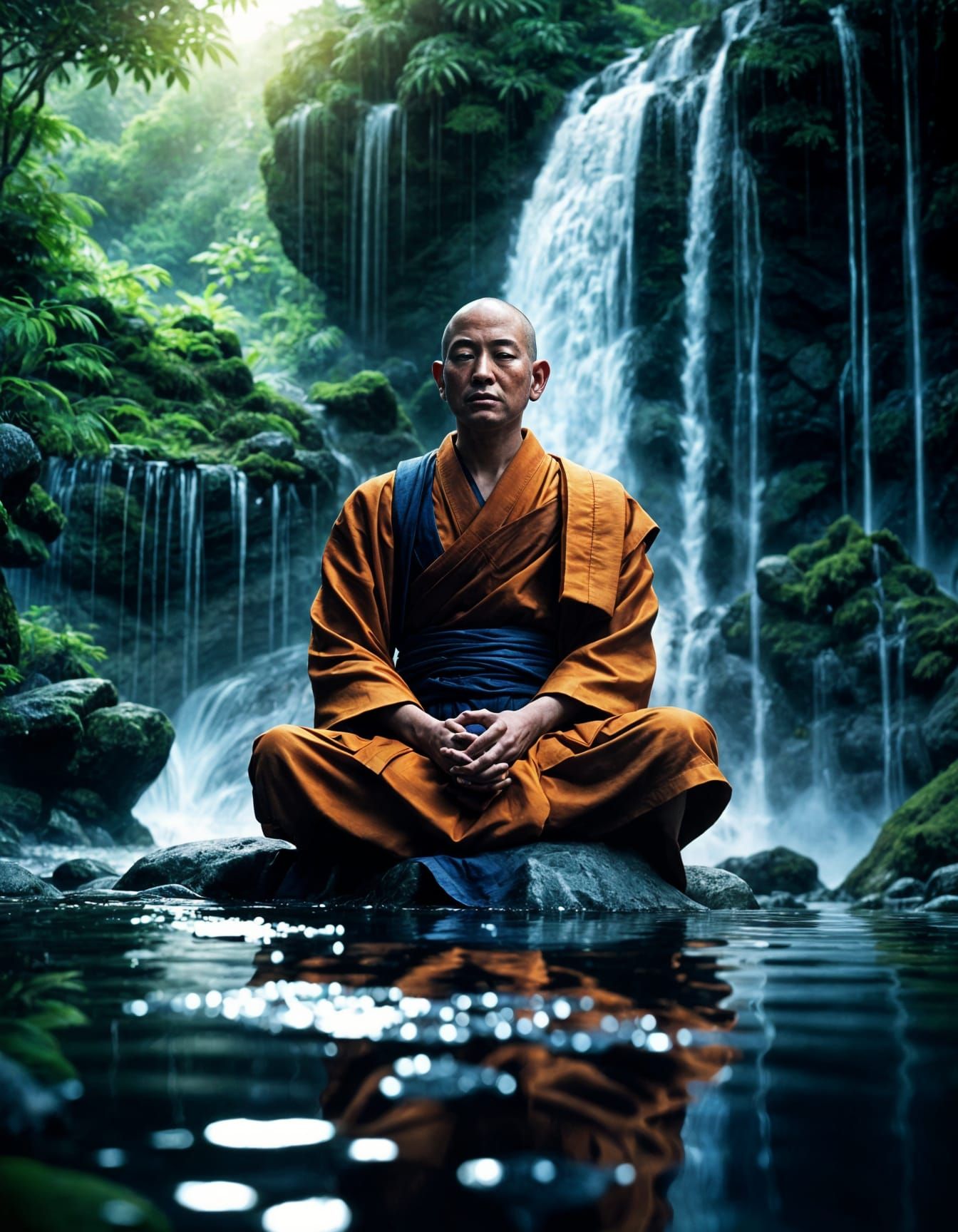 Shinto Monk Meditating Under Waterfall in Hawaii