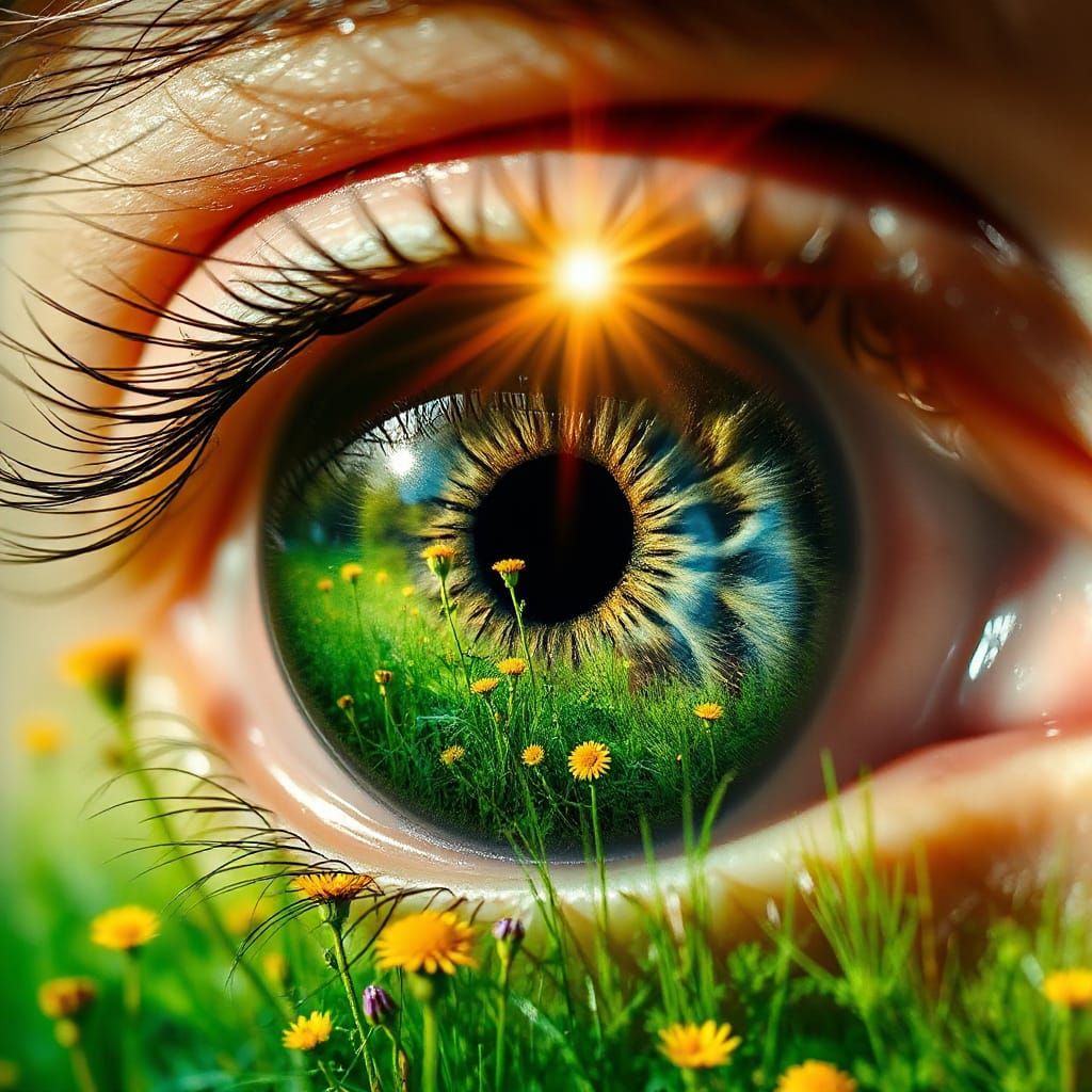 Eye in a Vibrant Green Meadow with Wildflowers