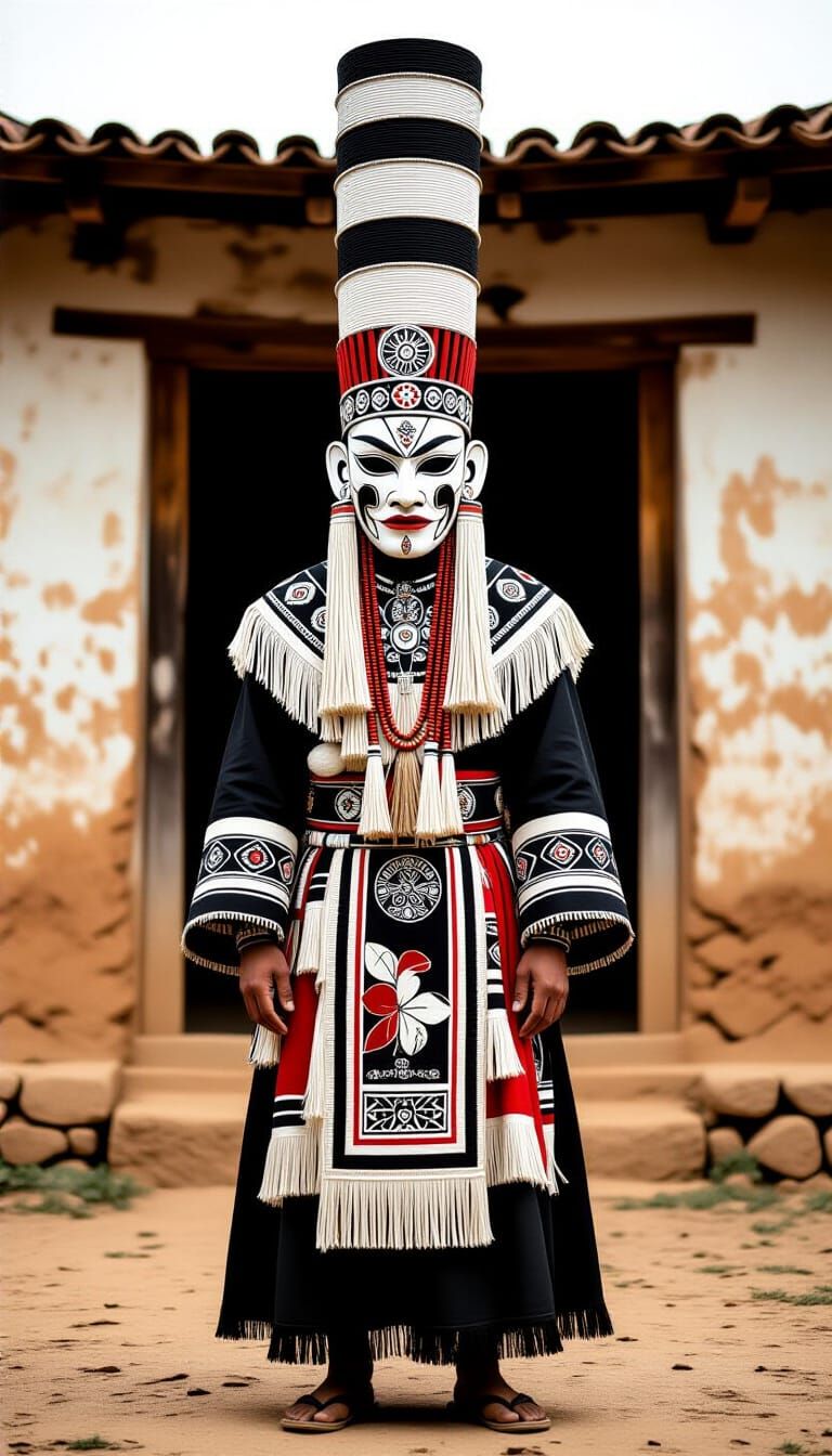 Person in Ceremonial Costume Before Rustic Building