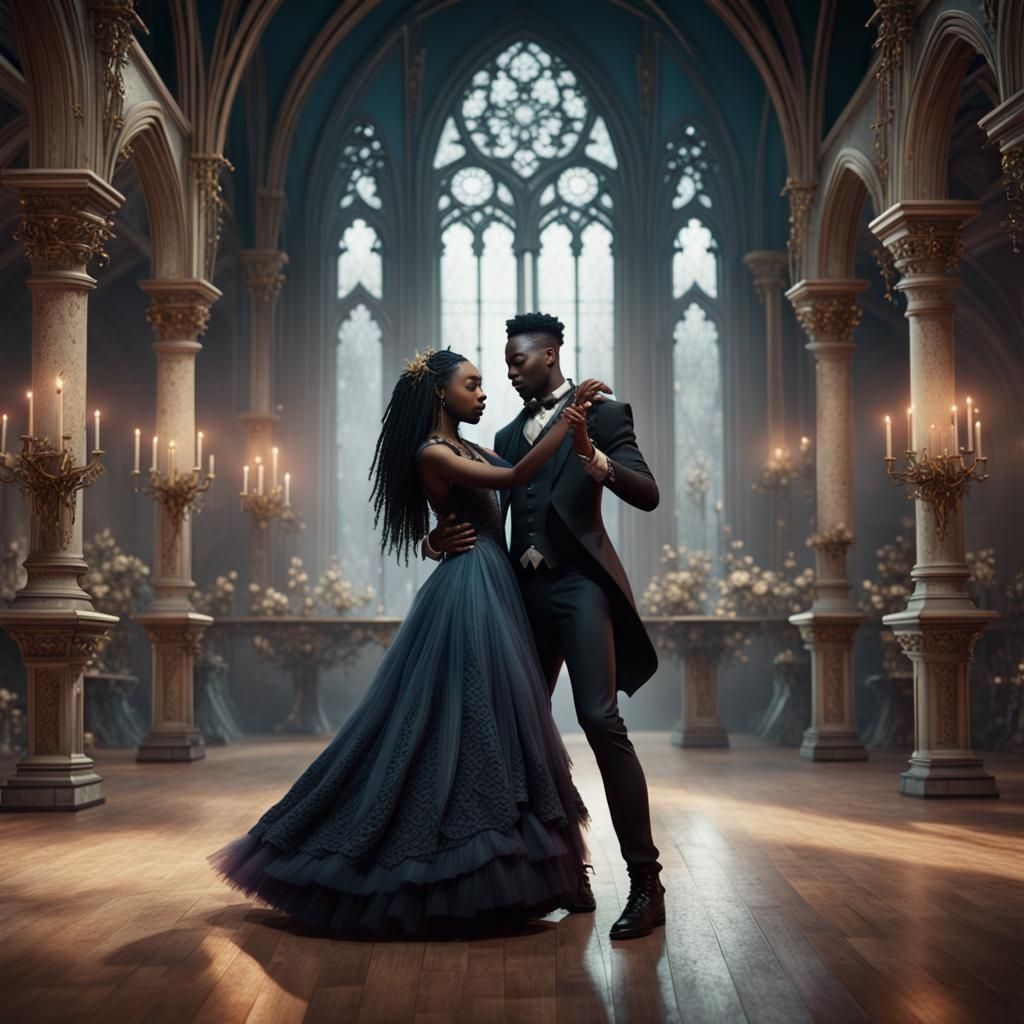 Gothic Wedding: Black Couple Dancing in Dark Fantasy