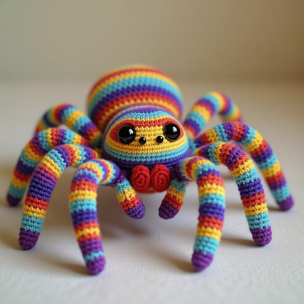 Colorful Crocheted Spider in Whimsical Folk Art Style
