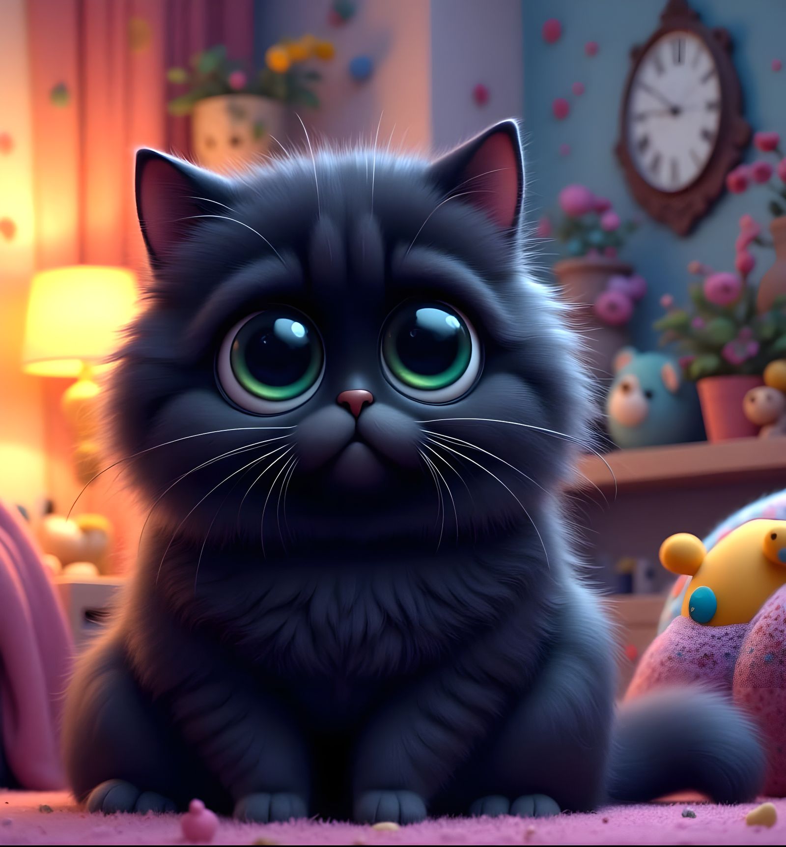 Sad Black Cat in 3D Cartoon Style