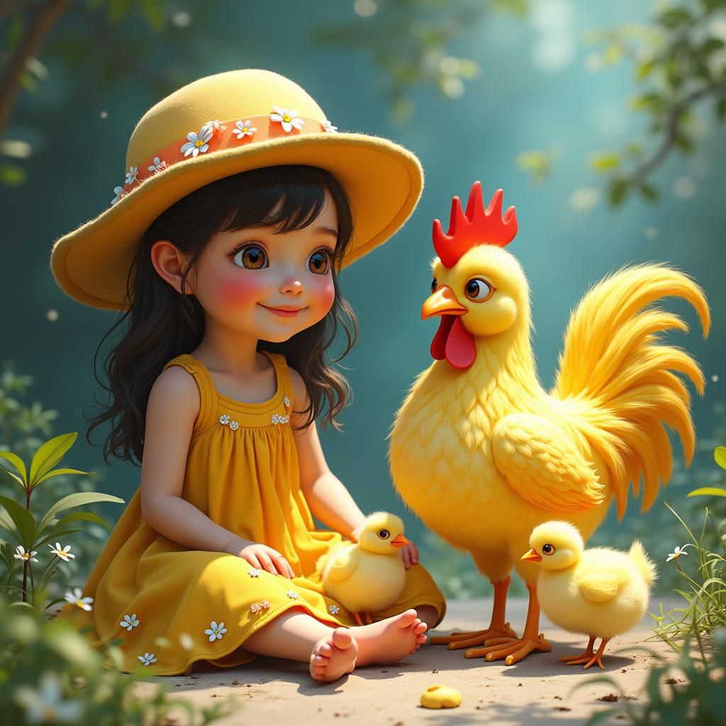 Girl with Rooster in Dreamlike Fantasy Art