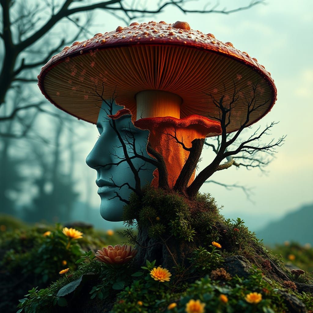 Surreal Portrait with Hallucination Mushroom Landscape