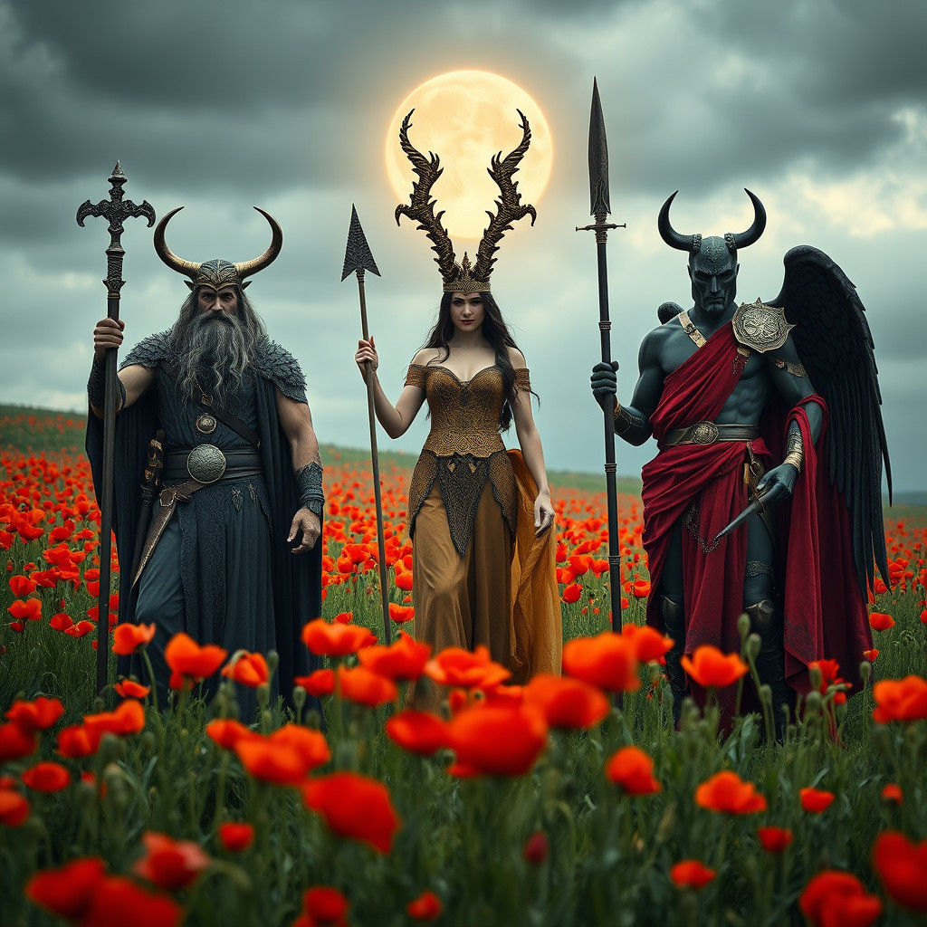 Divine Trinity: Odin, Morrigan, Erebus in Poppies