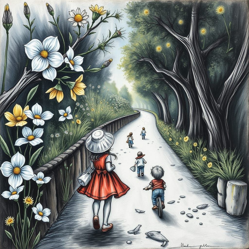 Smiling for Children Along a Vibrant Floral Path in Charcoal...