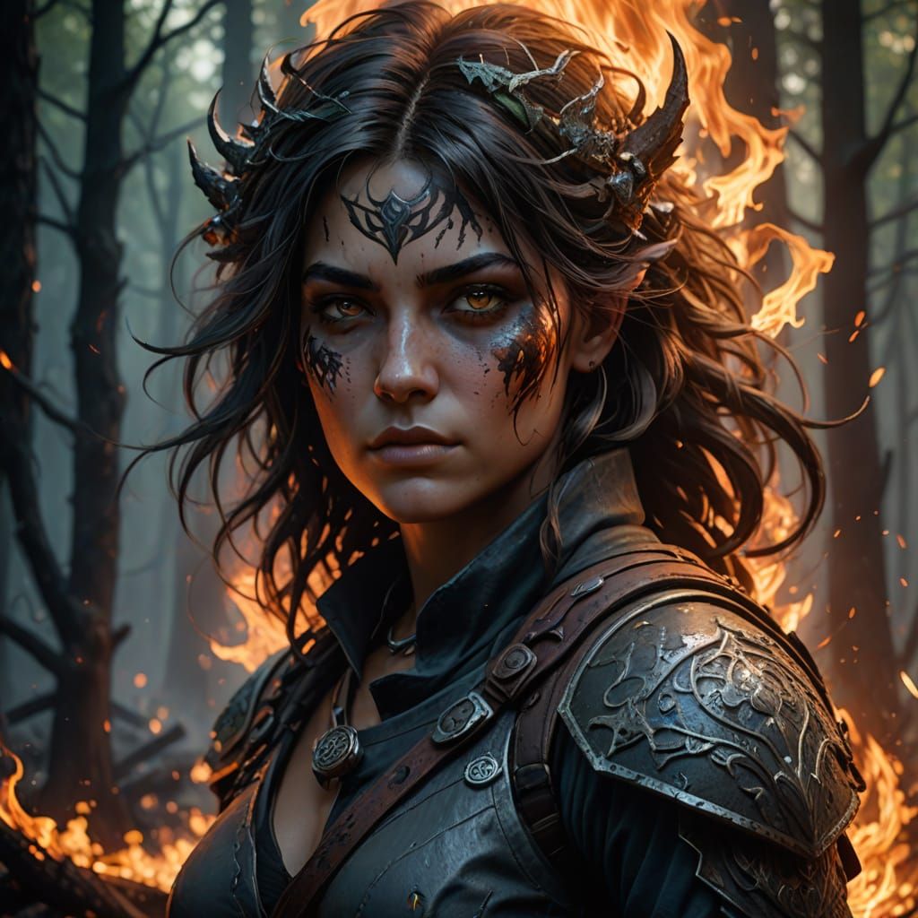 Fantasy Huntress in a Burning Forest