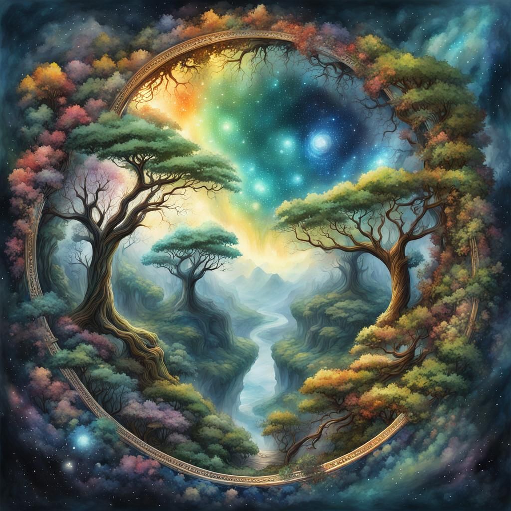 Galactic Trees with Fairy Portal Watercolor Painting