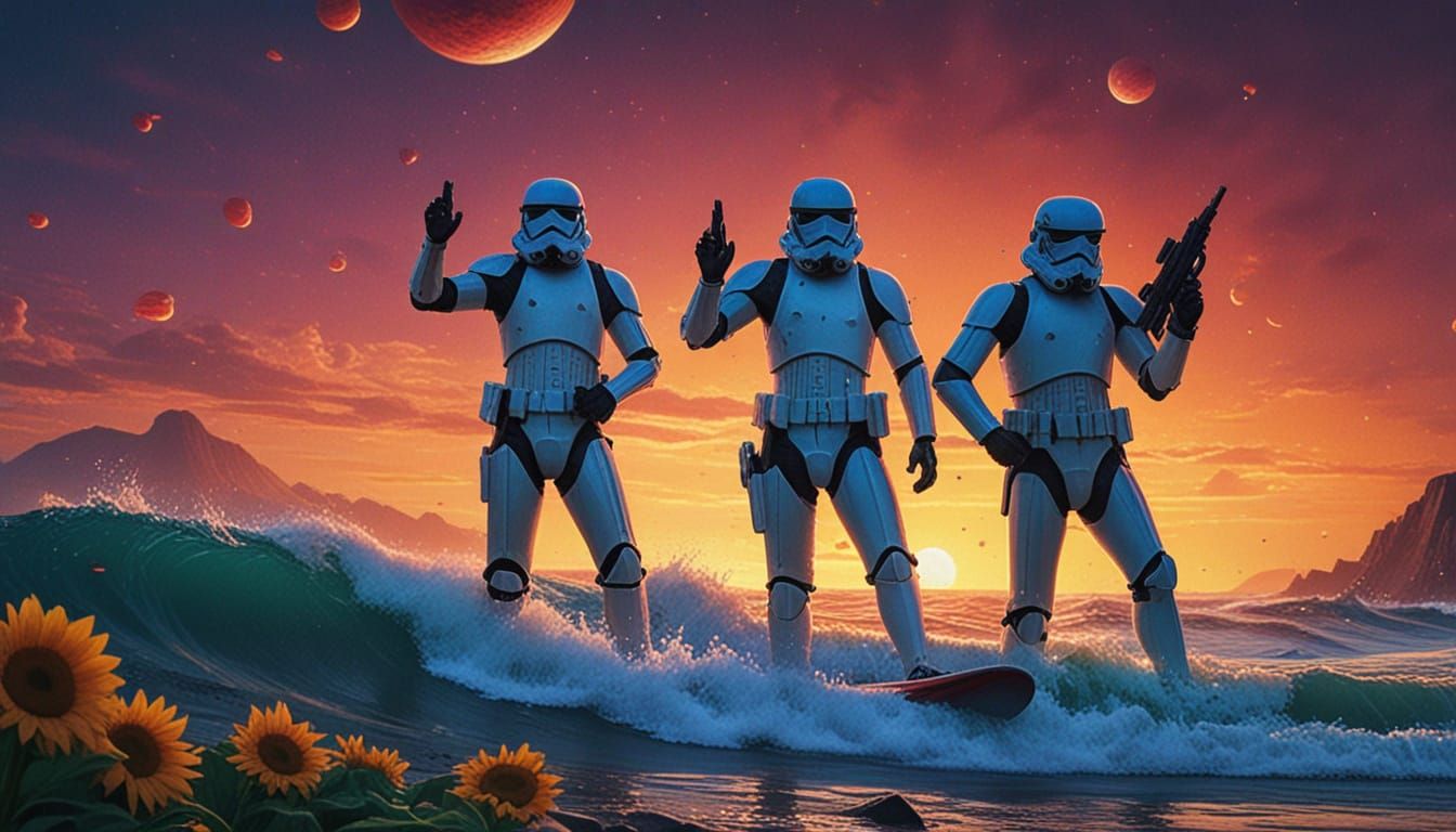 Stormtroopers Surfing in Cyberpunk Candyland Art Style