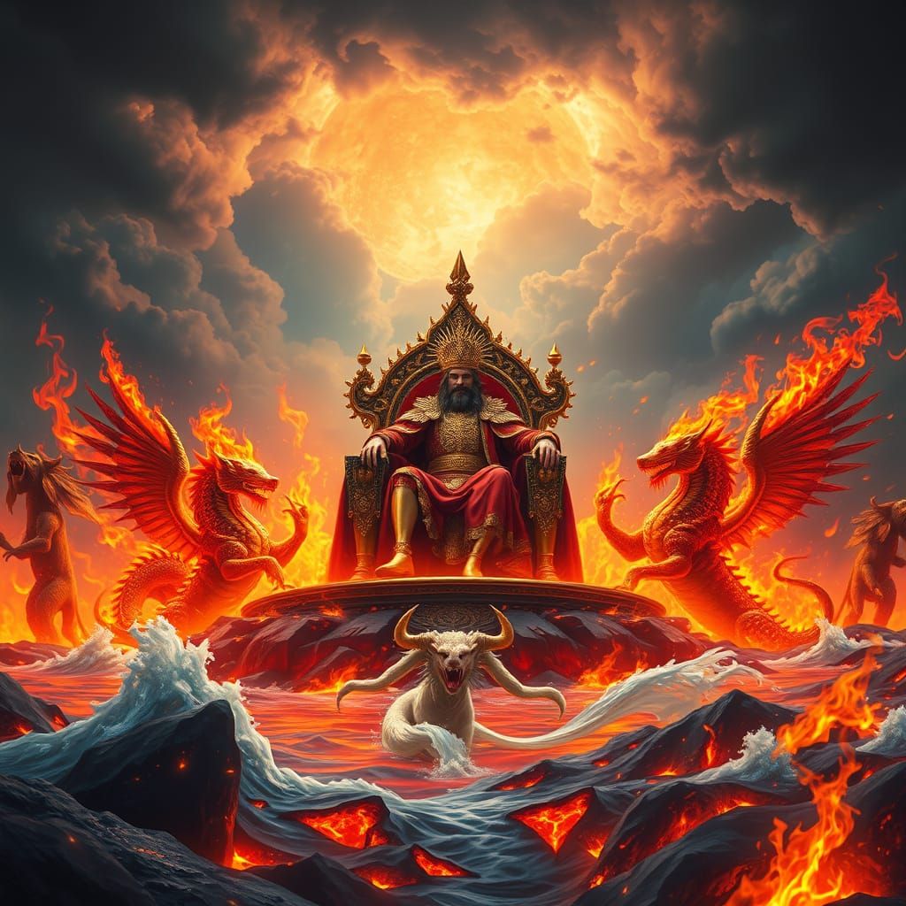 Majestic Royal Palace Surrounded by Fiery Beasts in a Lake o...