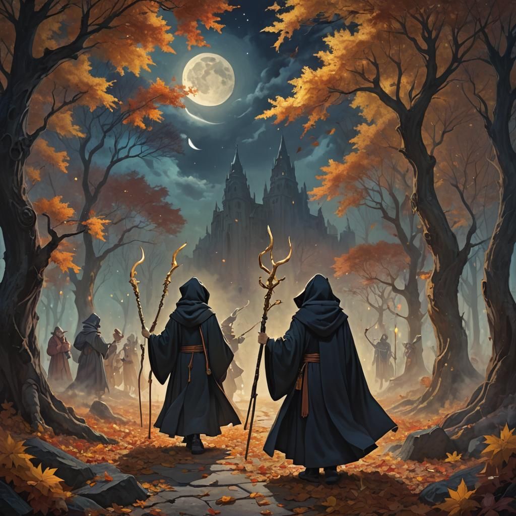 Surrealist Digimon Priests in Dark Hooded Robes Under a Quar...