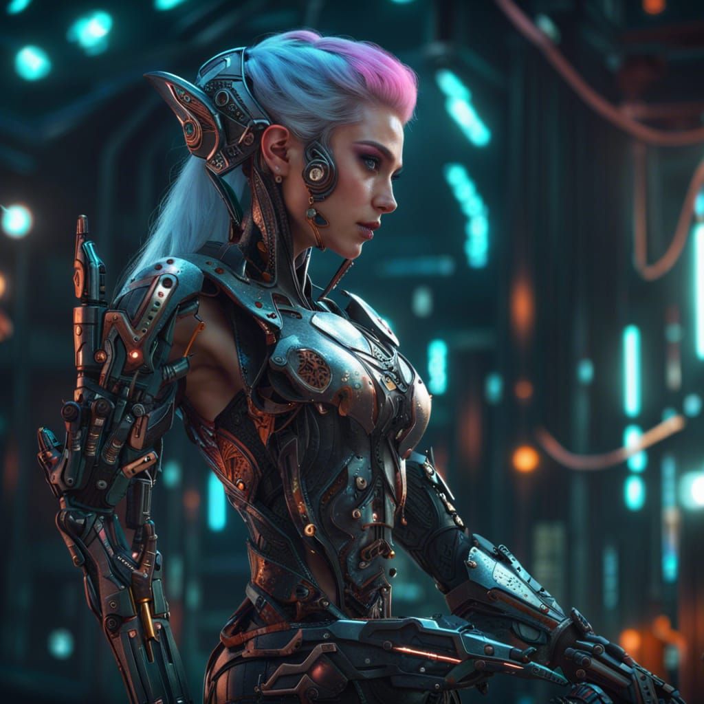 Cyberpunk Elf with Mechanical Arm, Digital Art