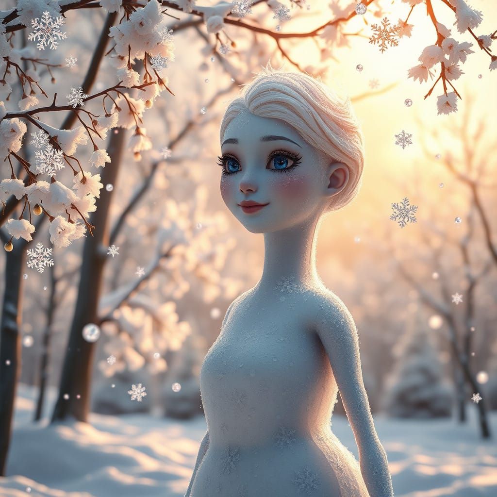 Frosted Winter Goddess in a Whimsical Snowy Scene
