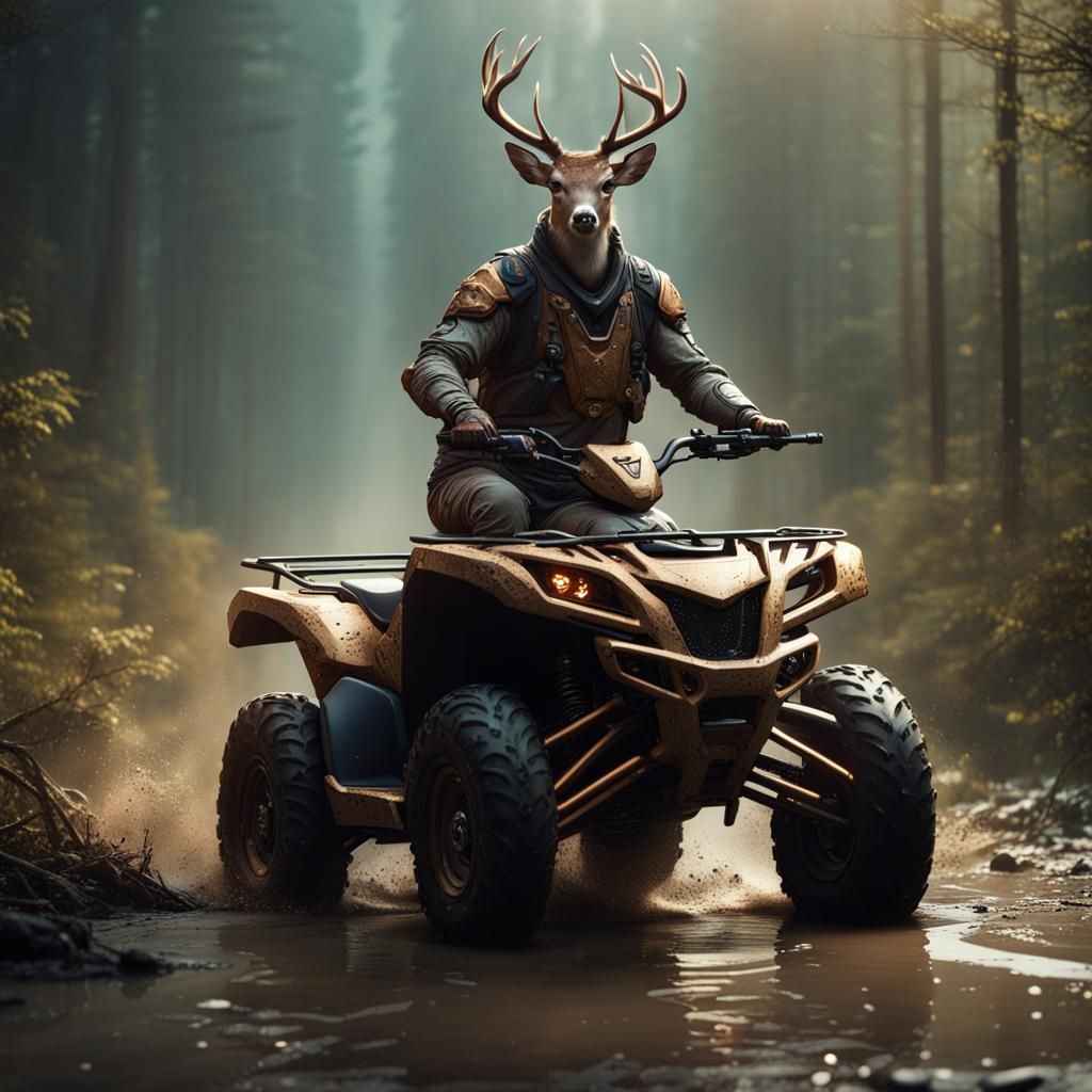Humanoid Deer on ATV in Mud, Detailed Matte Painting