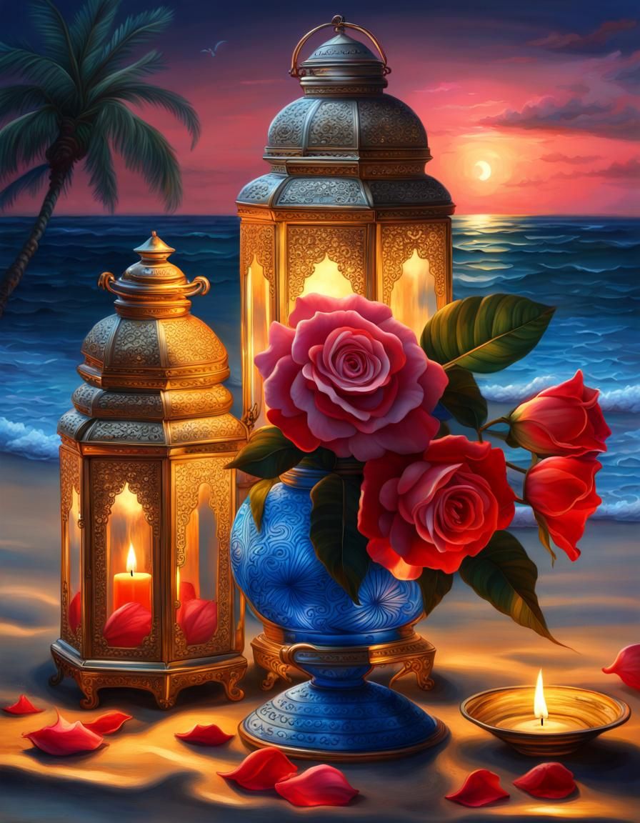 Lush Tropical Beach at Night as Oil Painting