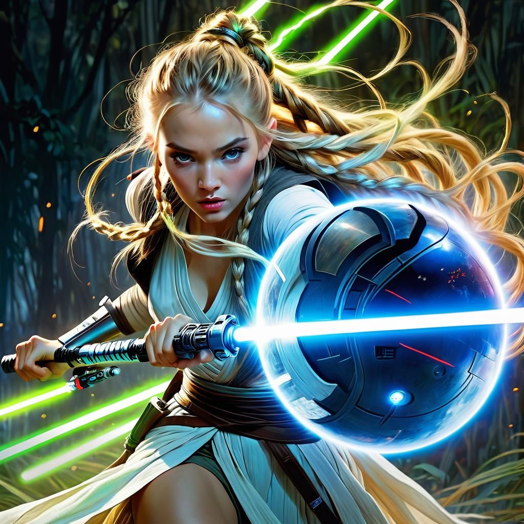 Anime-Style Jedi Woman Battles Energy Orb