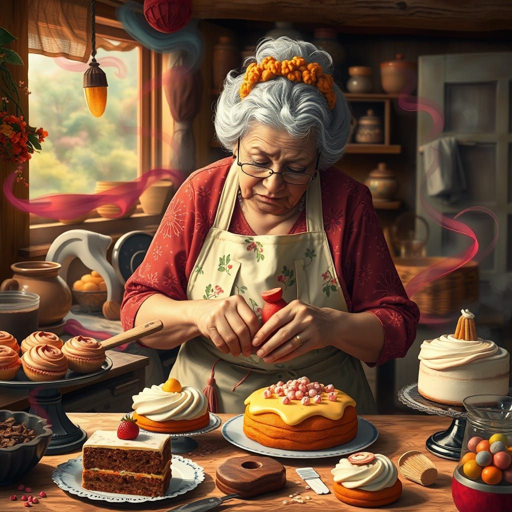 Warm Grandmother Crafts Whimsical Pastries in a Cozy Kitchen...