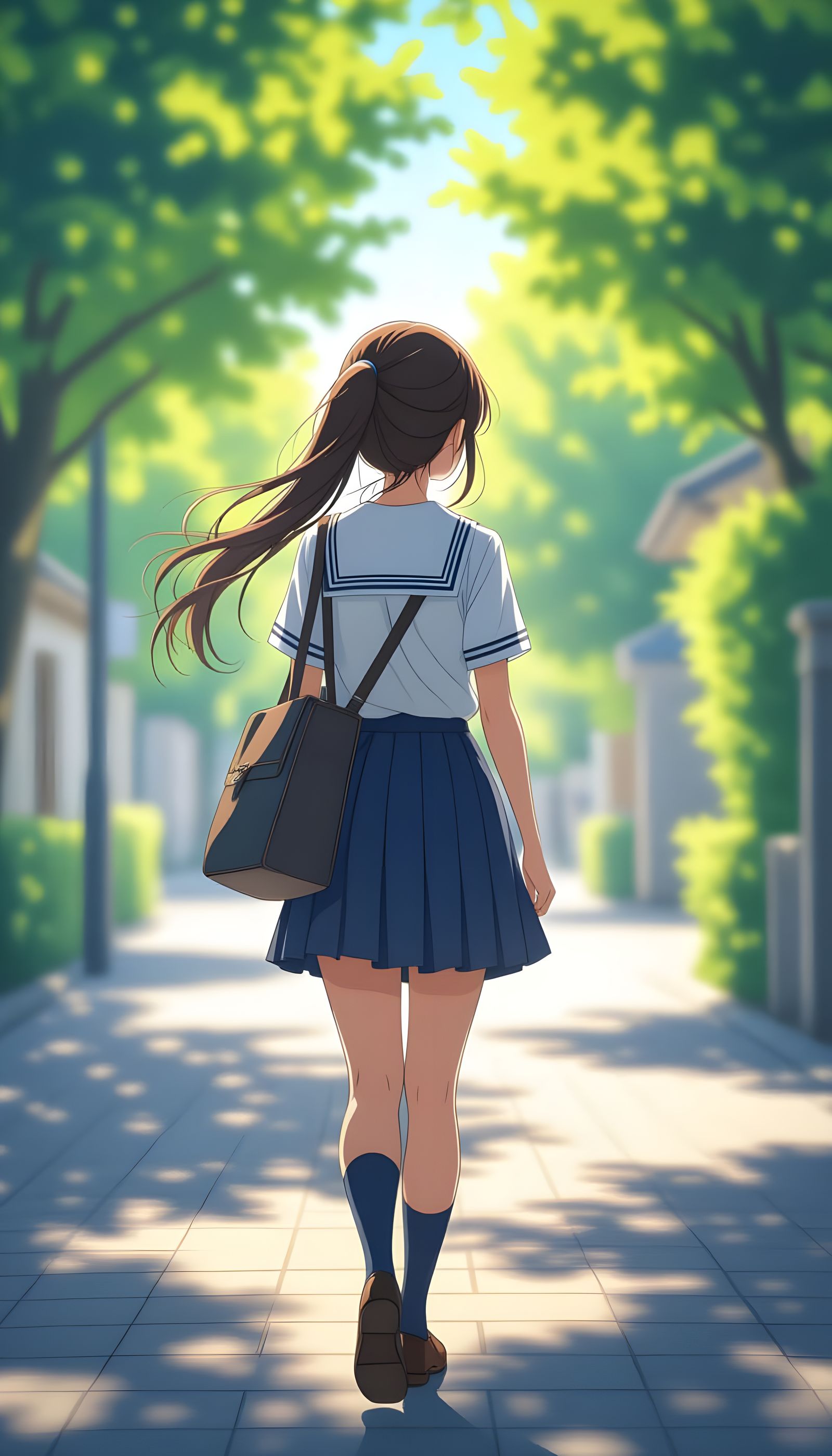 Anime School Girl With Ponytail Walking Peacefully