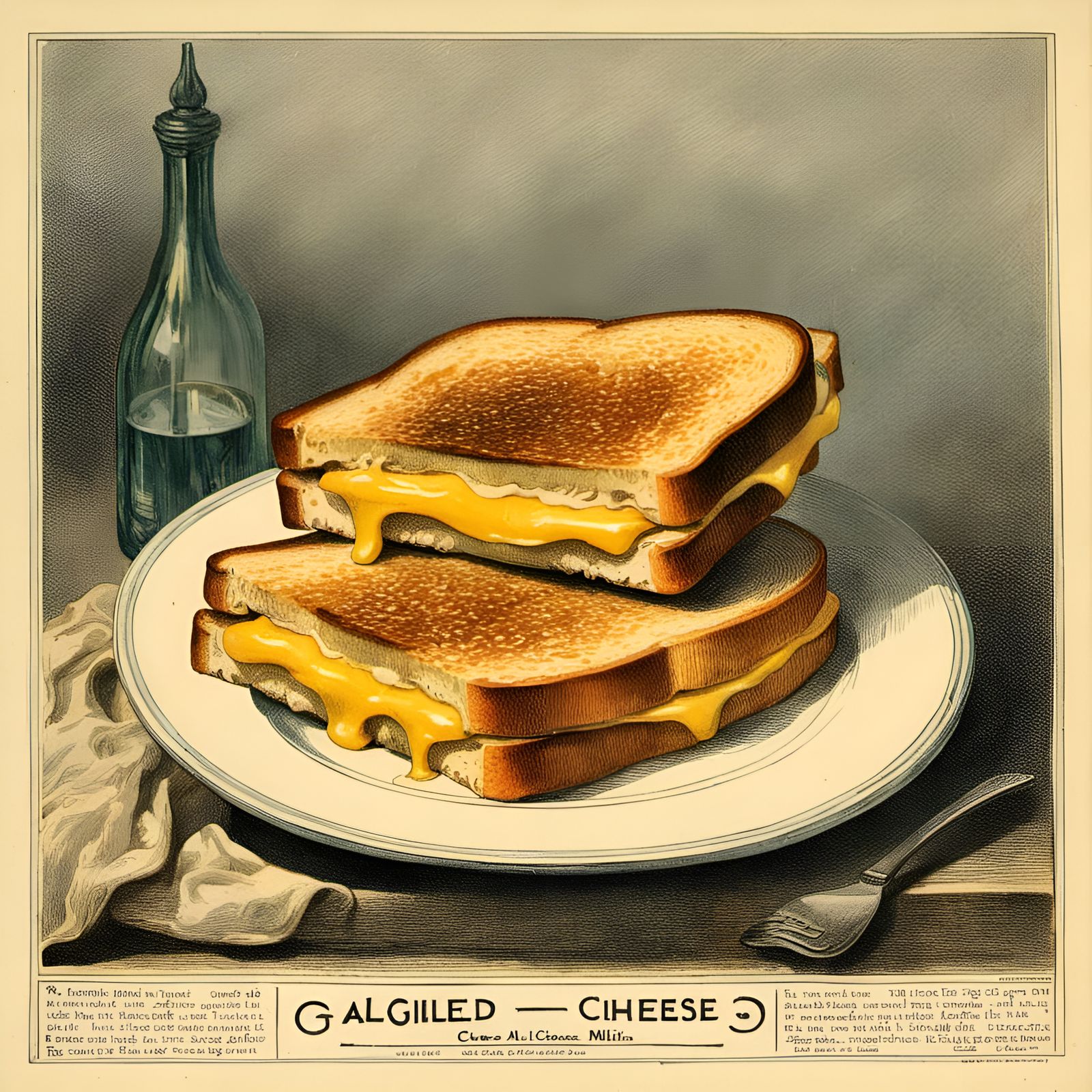 Grilled Cheese Sandwich in Vintage Illustration Style