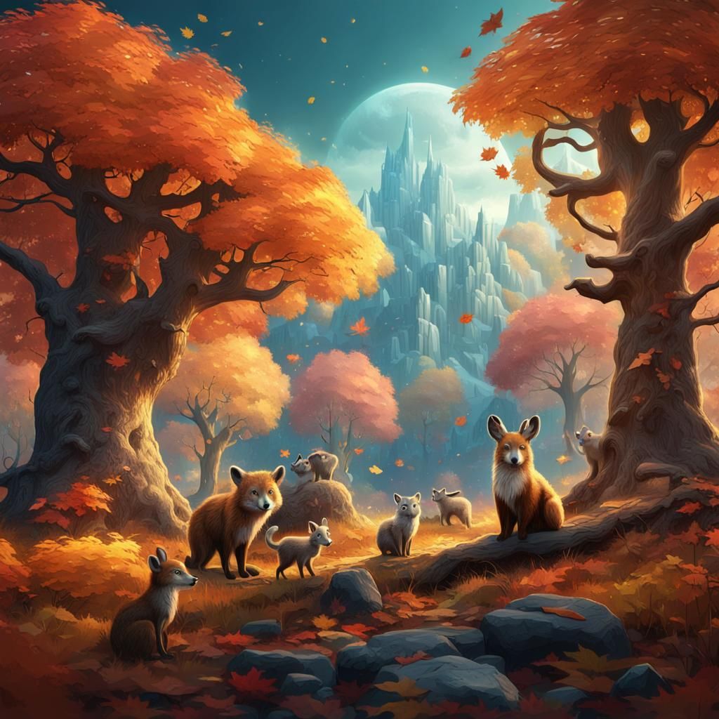 Enchanting Autumn Forest Scene with Animals