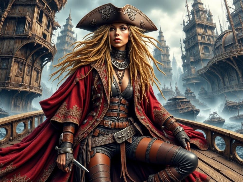 Space Pirate Captain on Ship Deck in Bohemian Style