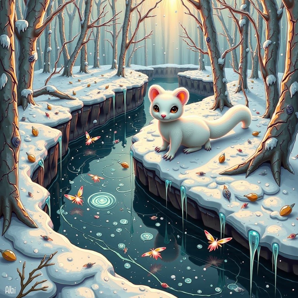 Icy Winged Stoat in Winter Birch Forest