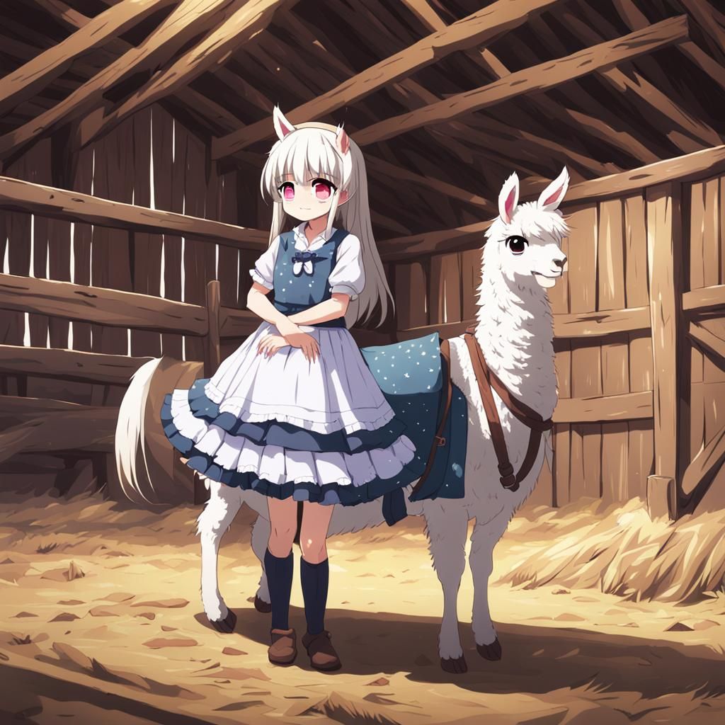 Anime Llama Girl in Cottagecore Barn