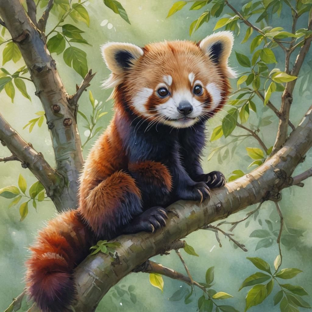 Baby Red Panda Lounging on Branch in Splash Art Style