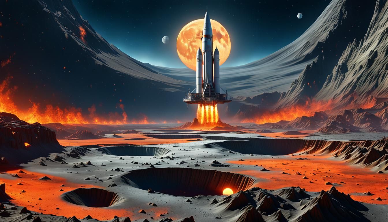 Giant Rocket Lands on Moon in Detailed Matte Painting