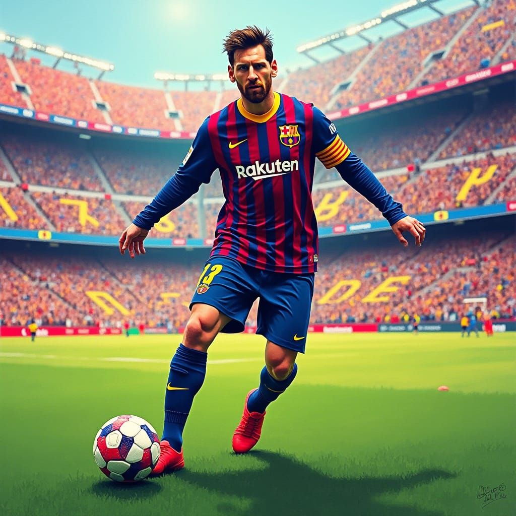 Messi on Camp Nou Pitch, Energetic Art Style