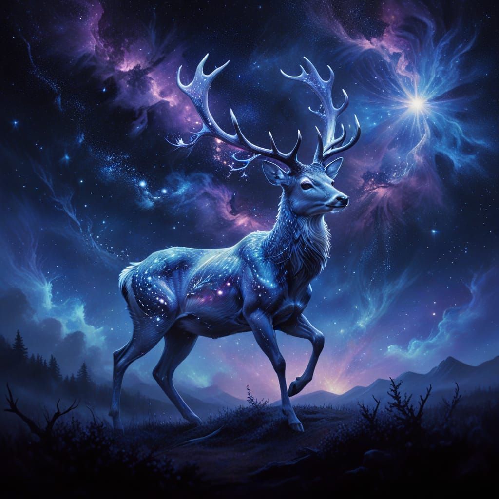 Stardust Deer Emerges in Surrealist Oil Painting
