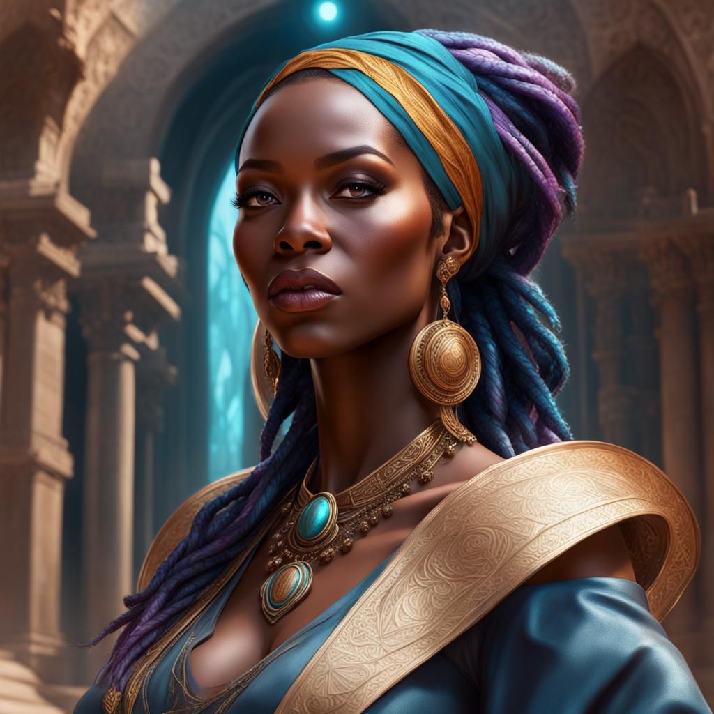 Magical Black Sorceress Portrait in Art Nouveau Style