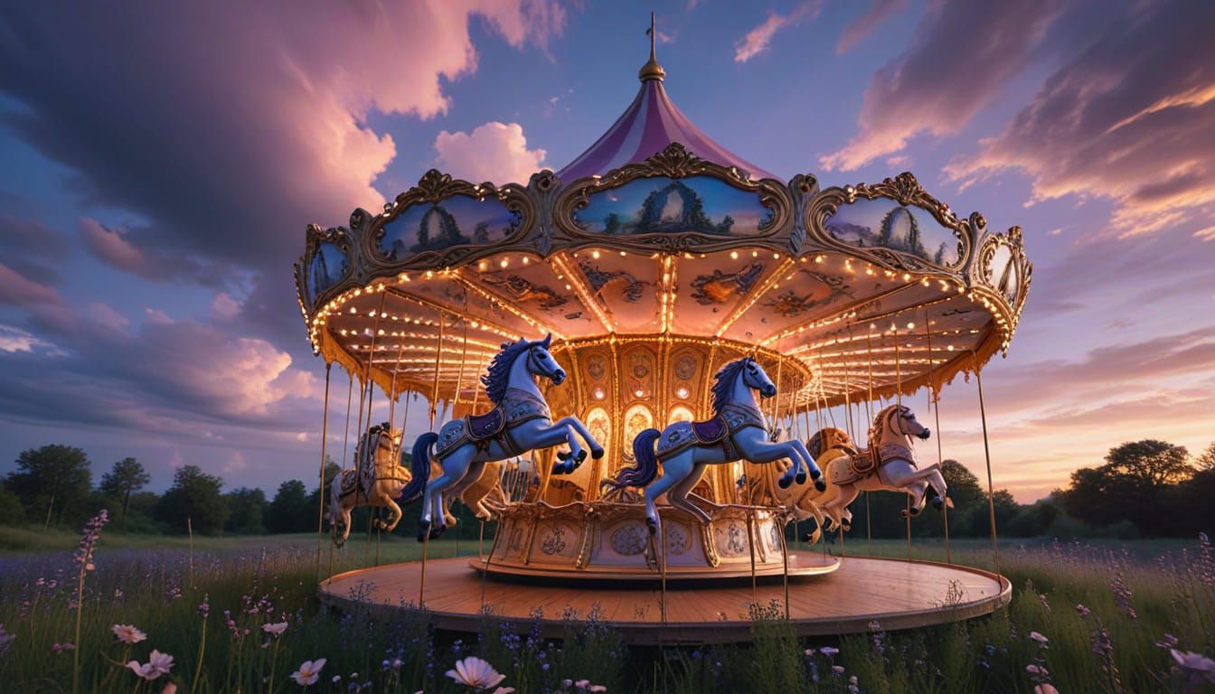 Magical Carousel in Wildflower Meadow at Dusk