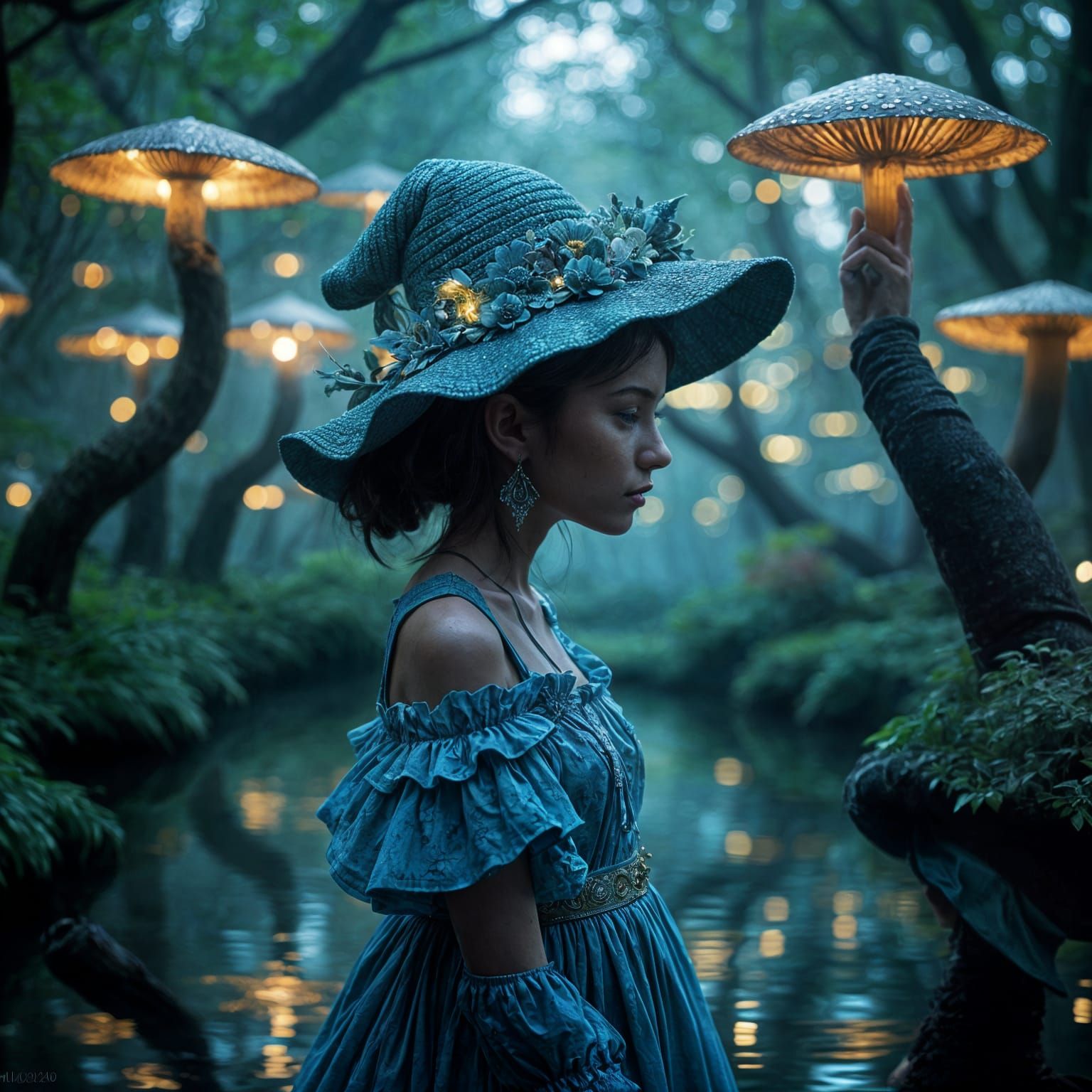 Girl with Mushroom Hat in Enchanted Forest