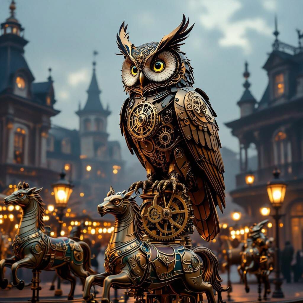 Clockwork Owl on Carousel in Misty Victorian Square