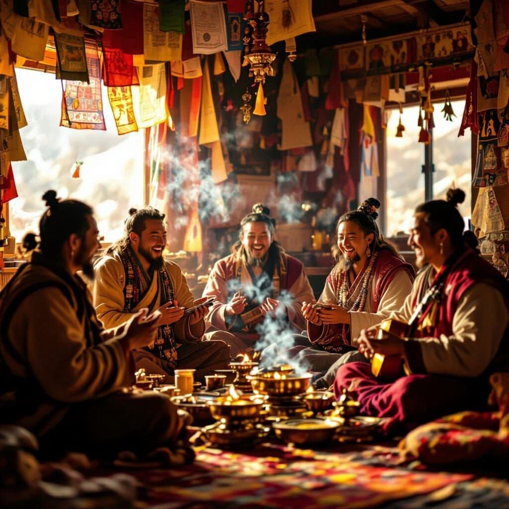 Tibetan Gods Celebrate Joyfully in Warm Rustic Room