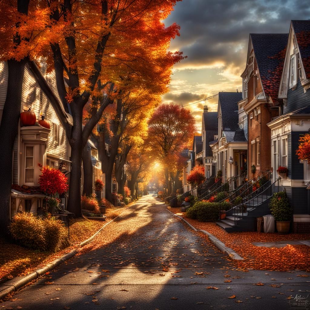 Hyperrealistic Autumn Street Scene in Late Afternoon
