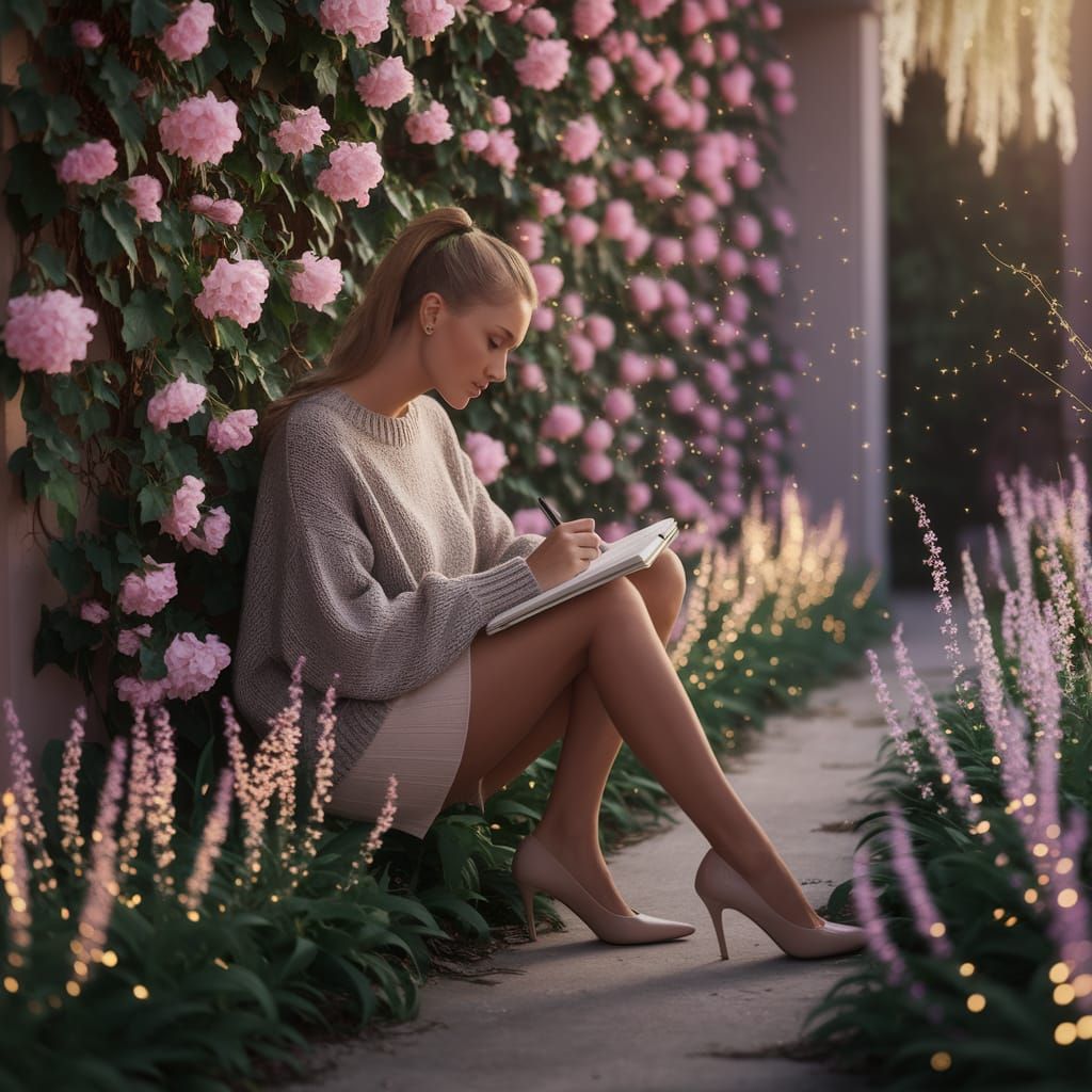 Woman Sketching in a Bioluminescent Garden