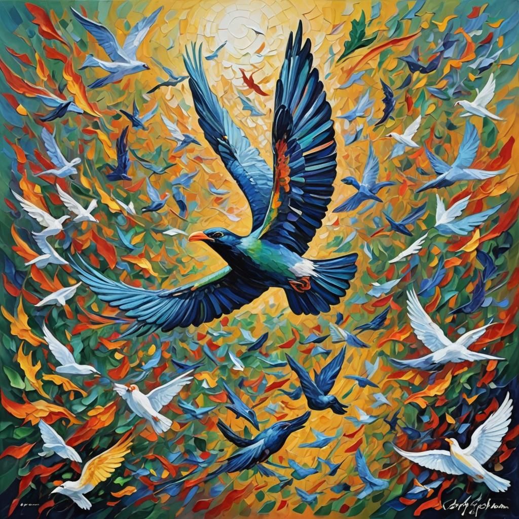 Birds in Flight: Neo-Impressionist Expressionist Oil Paintin...