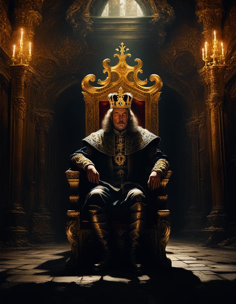 Lonely King on Throne in Baroque Oil Painting