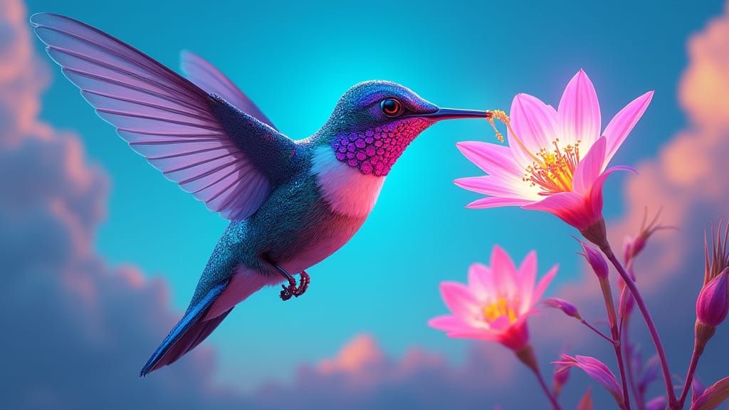Robotic Hummingbird Pollinates Neon Flowers: Digital Art