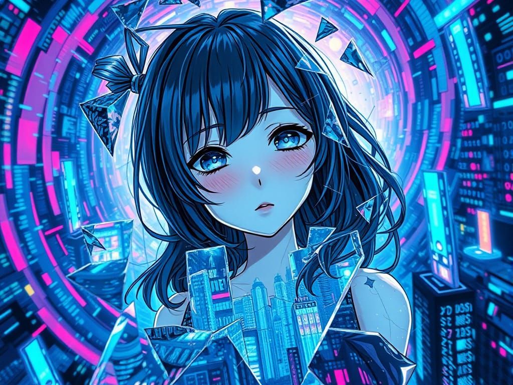 Anime Girl Shattered in Neon City, Digital Art