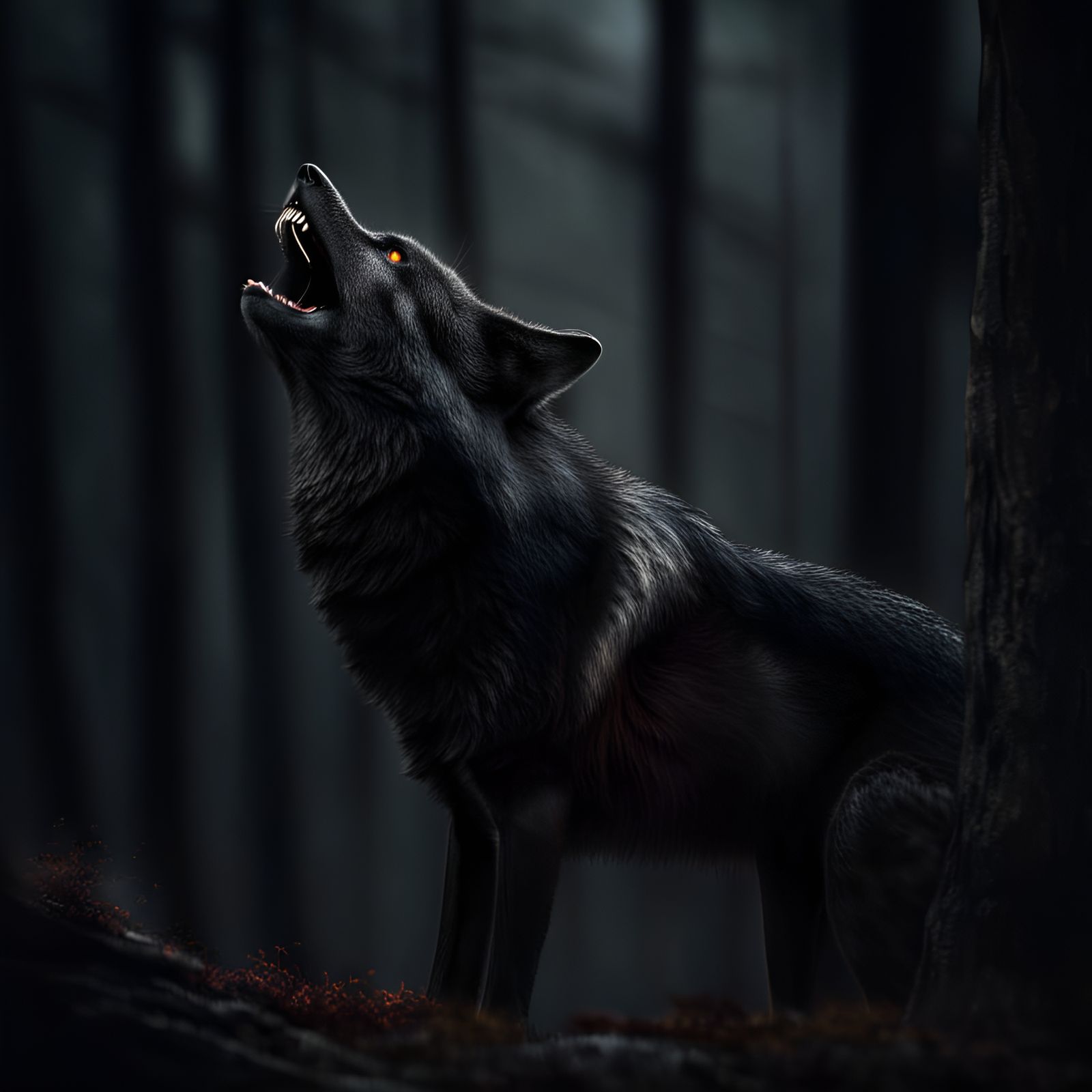 Majestic Black Wolf Howling in Forest, Hyperrealistic