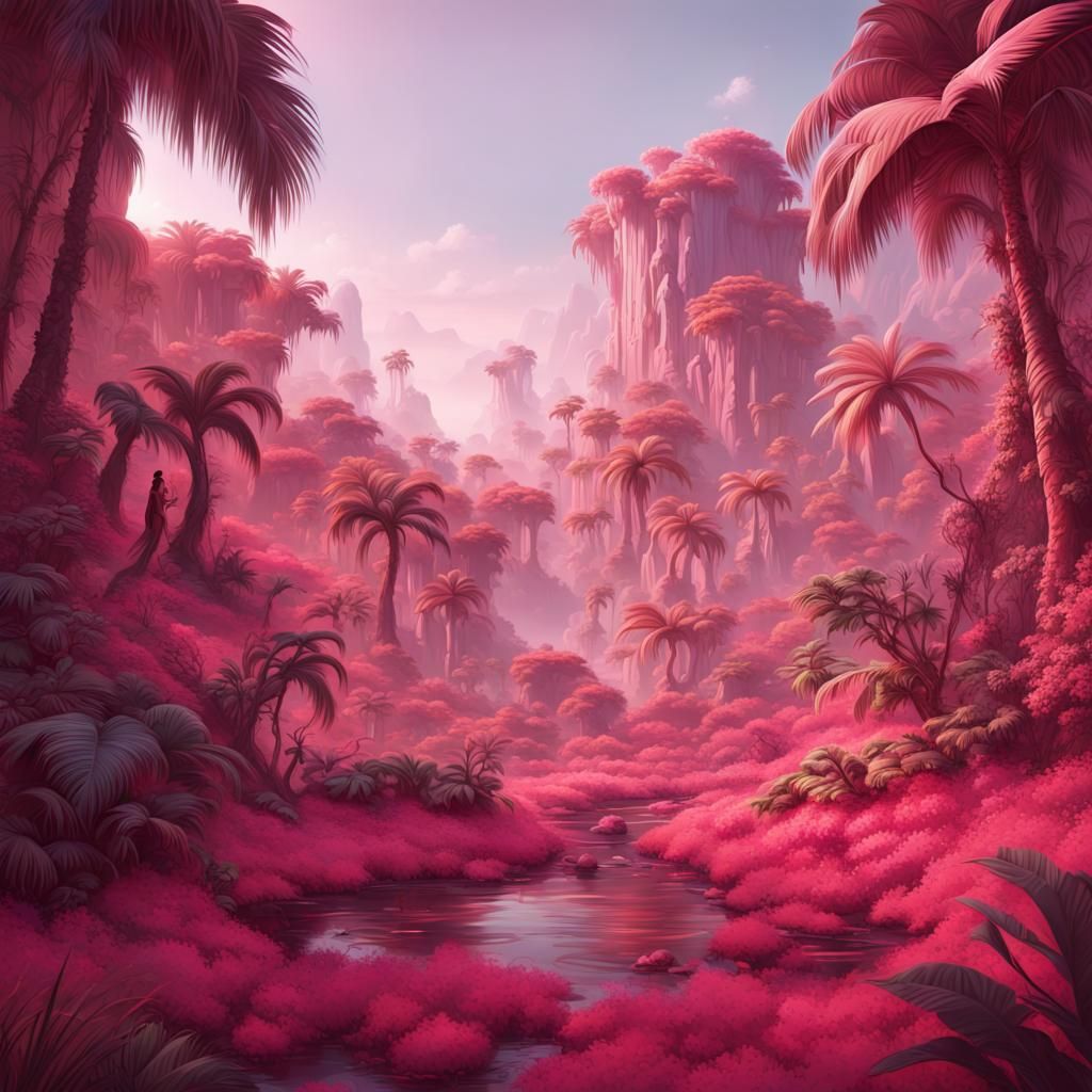 Pink Fantasy Jungle Landscape: Detailed Matte Painting