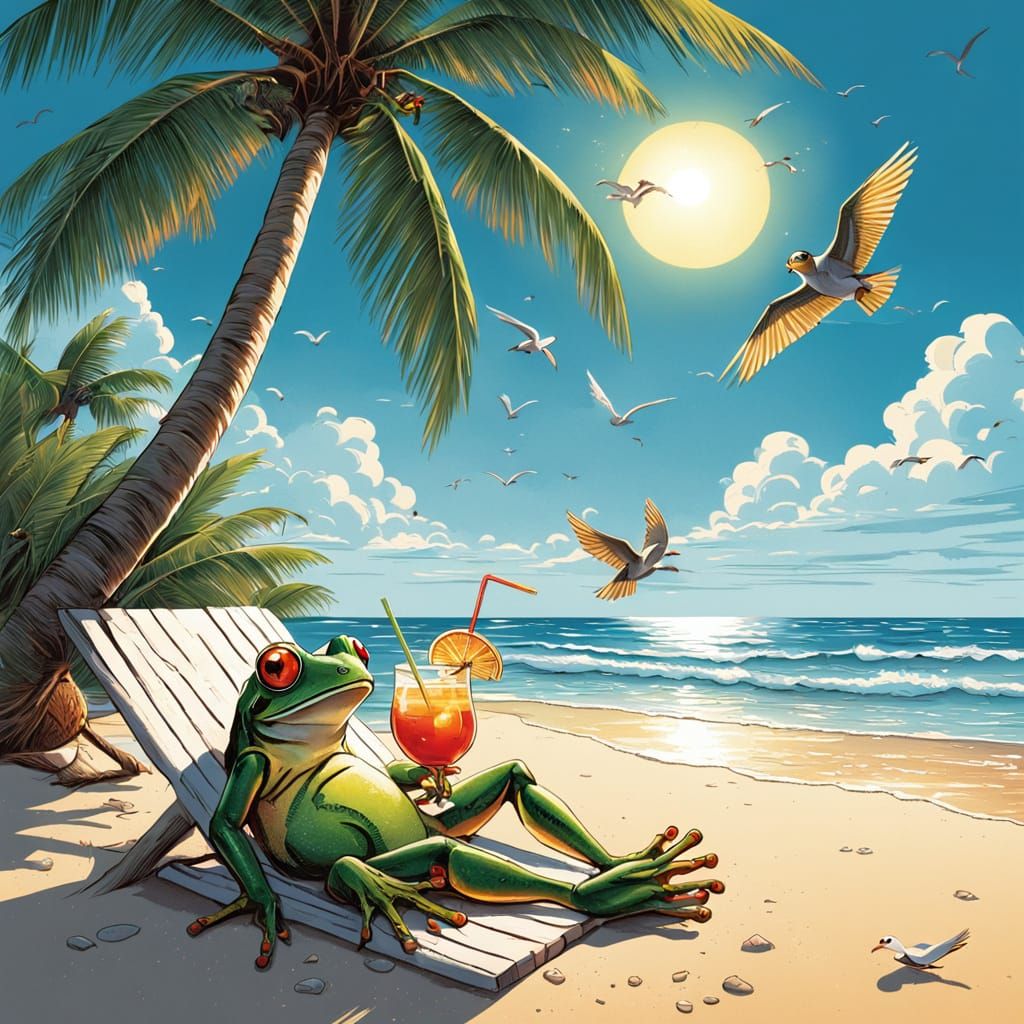 Tree Frog on Beach in Comic Book Art Style
