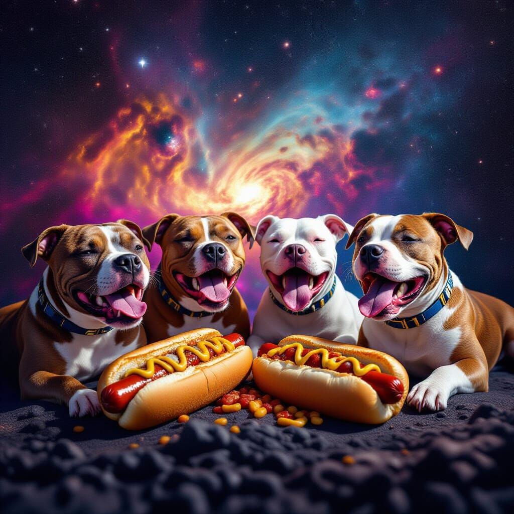 Four Pitbulls Eating Hotdogs in Vibrant Space Nebula