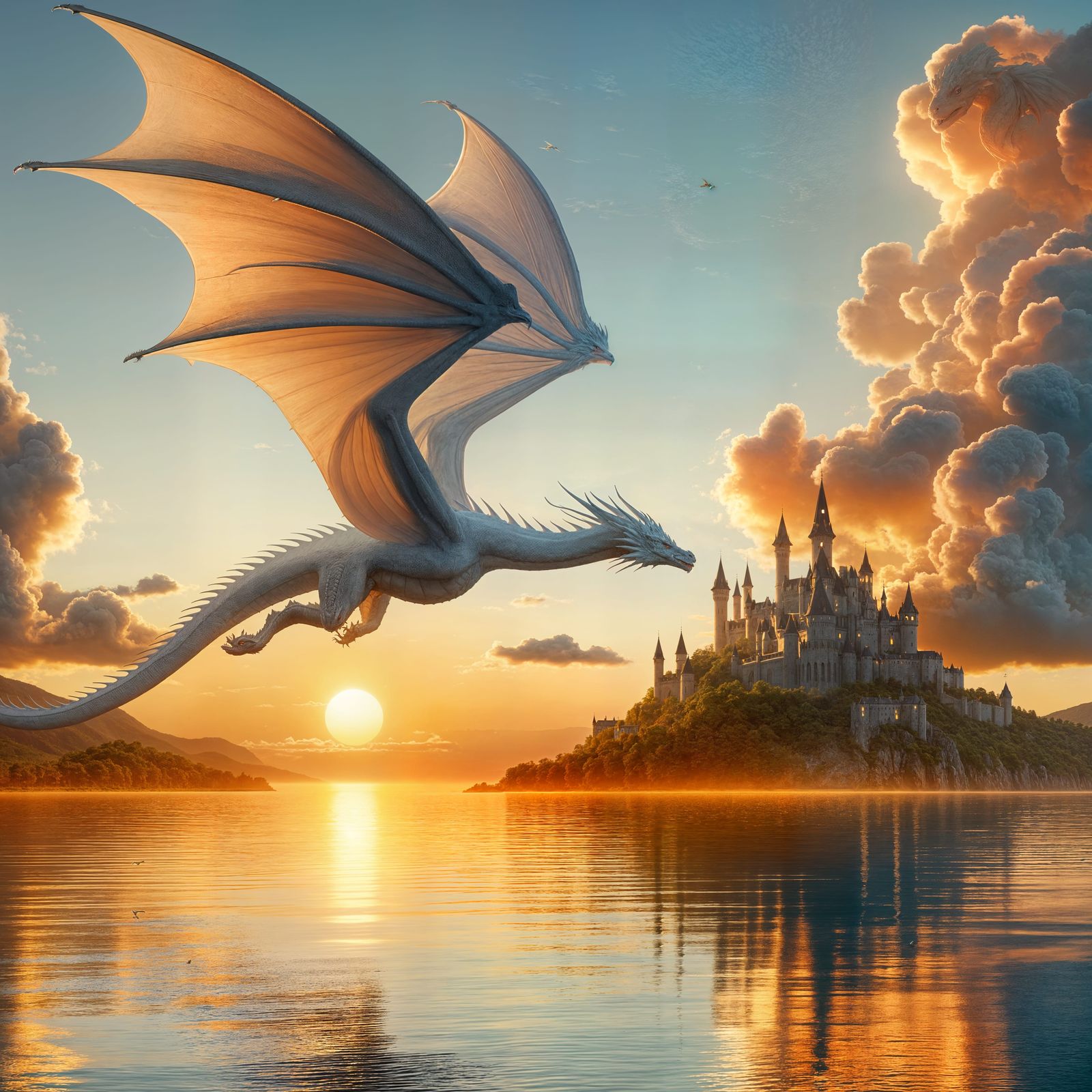 Majestic 3D-Rendered White Dragon in Sunset Fairytale Landsc...