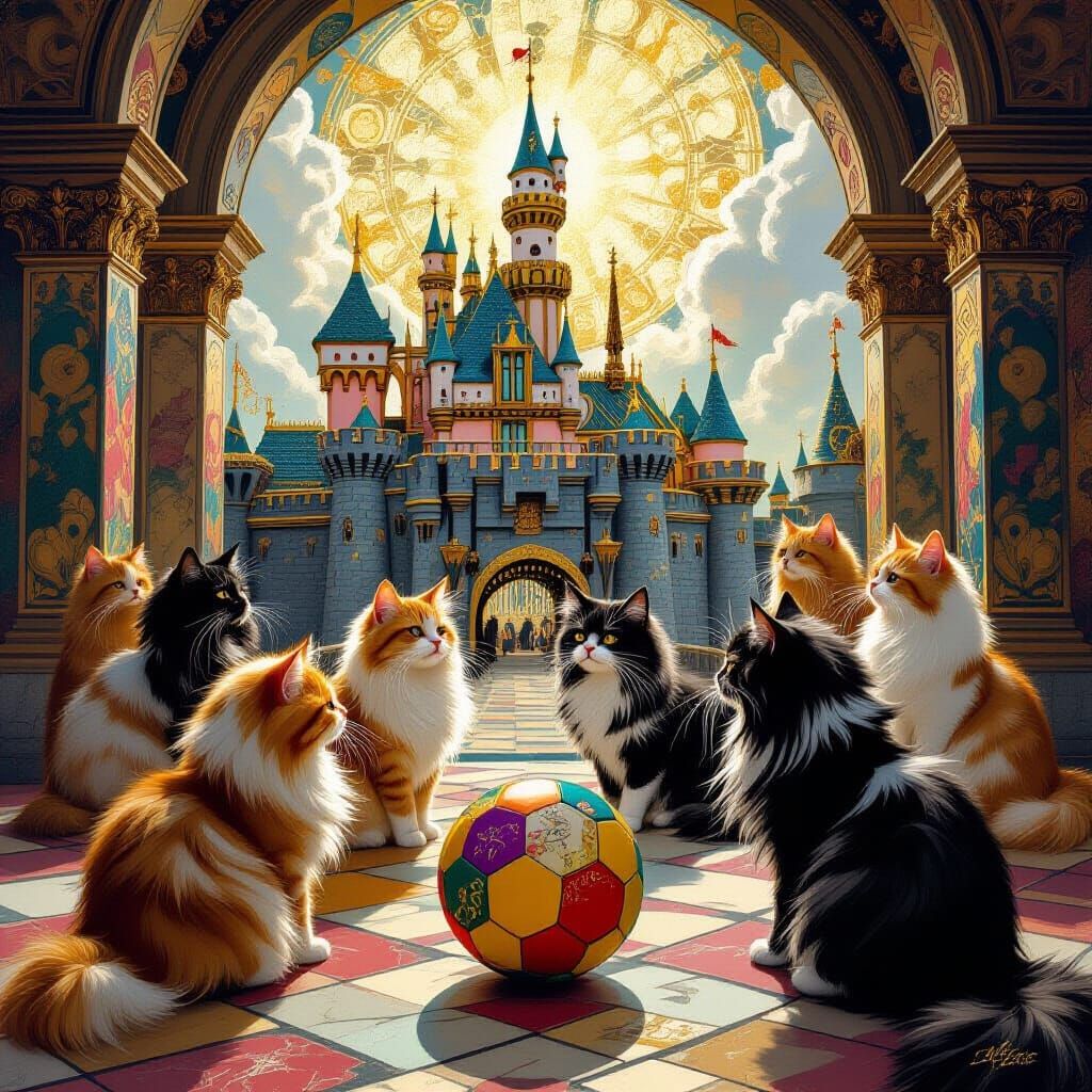 Cats Play in a Castle with Klimt Wallpaper