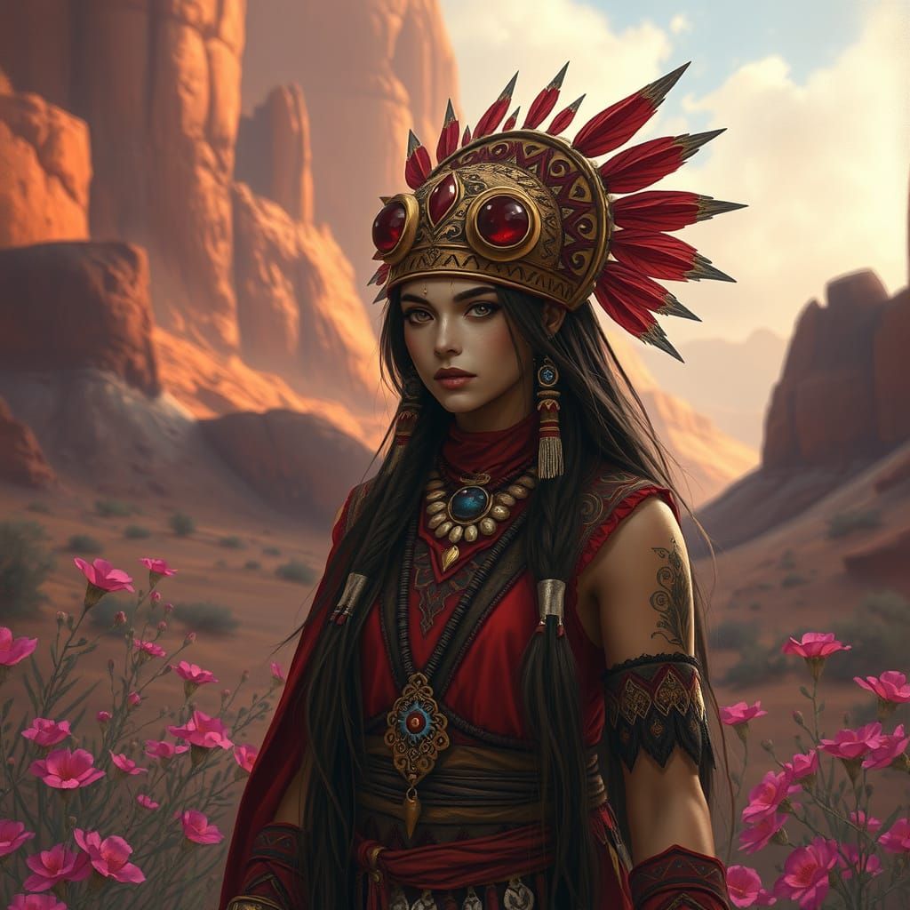 Shaman in Red Desert Landscape as Digital Art
